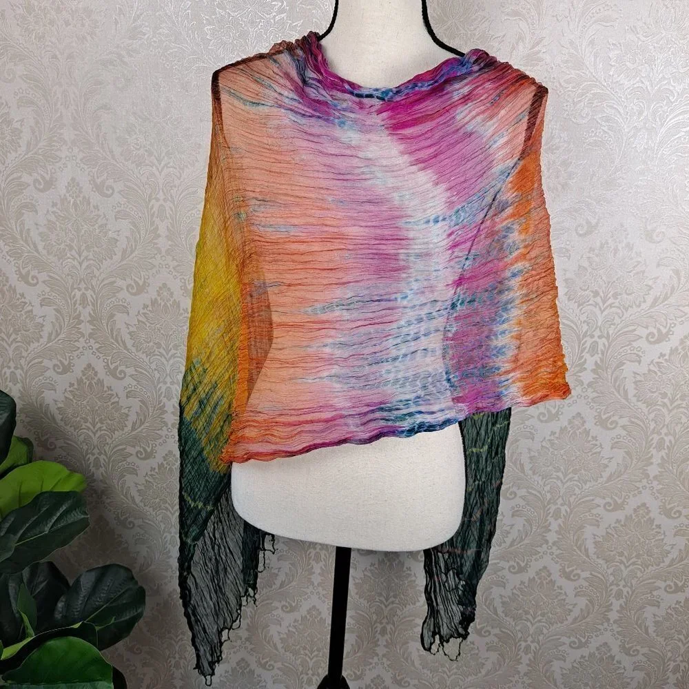 Indian Multi Color Silk Scarf Scrunched Texture Beaded Ends NWOT